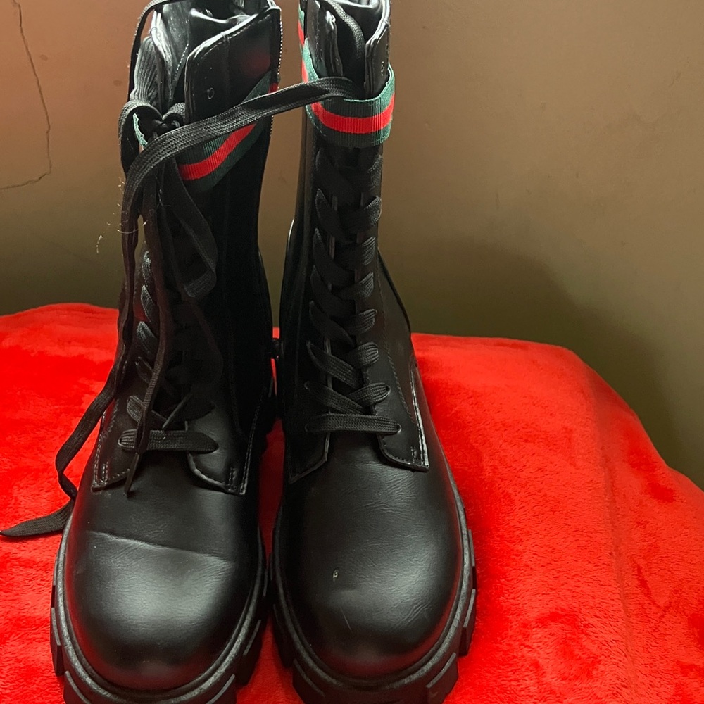 Women’s Black Combat Boots with Red and Green Stripe. Cute boots!